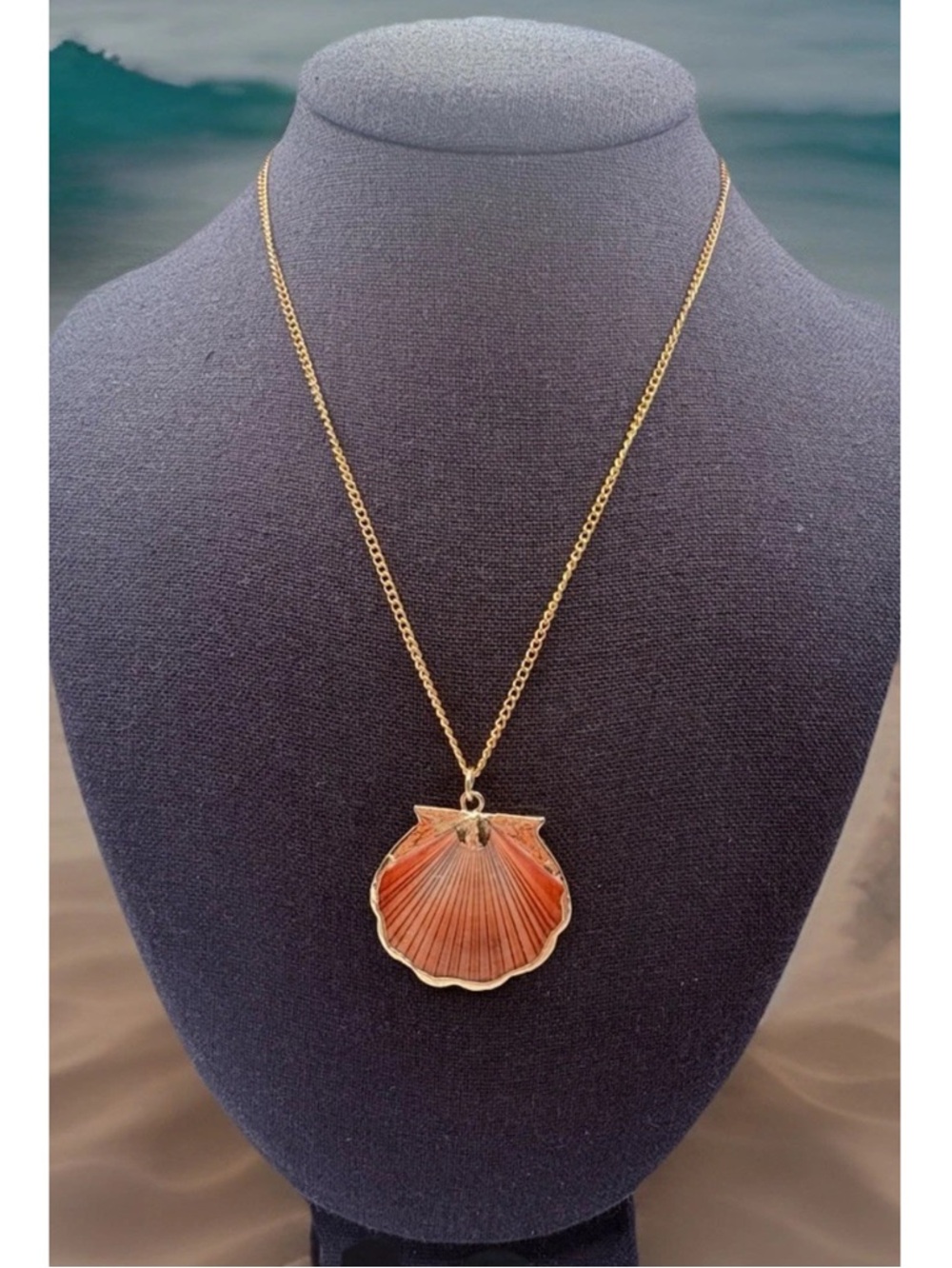 Vintage Goldtone Dipped Shell Red Brown Striped Tones Goldtone 18” Chain